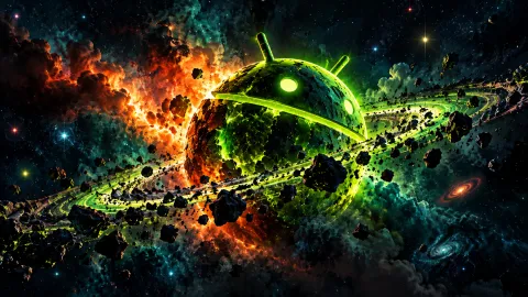 Android Planet Amidst Fiery Nebula Rings