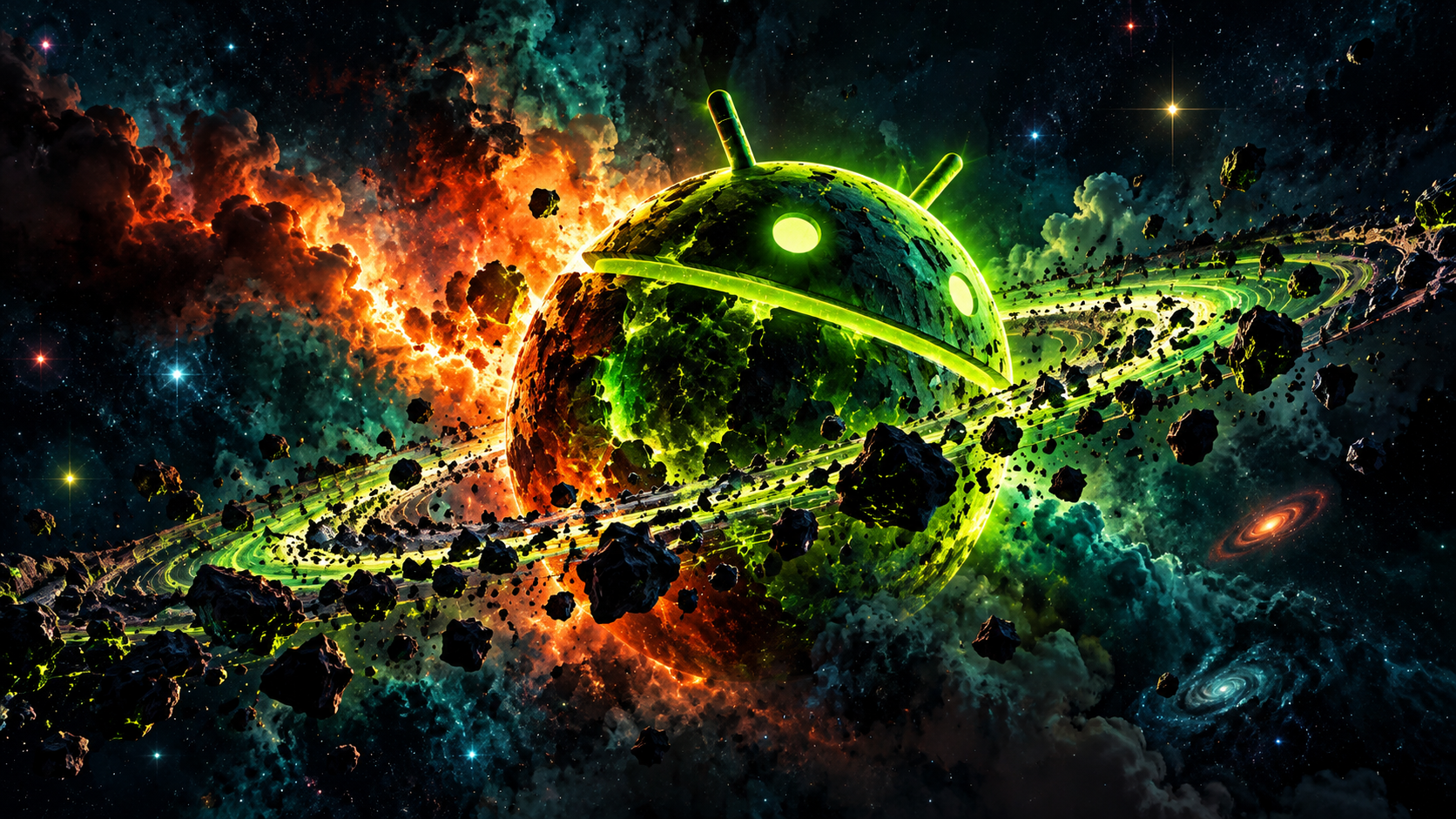 Android Planet Amidst Fiery Nebula Rings