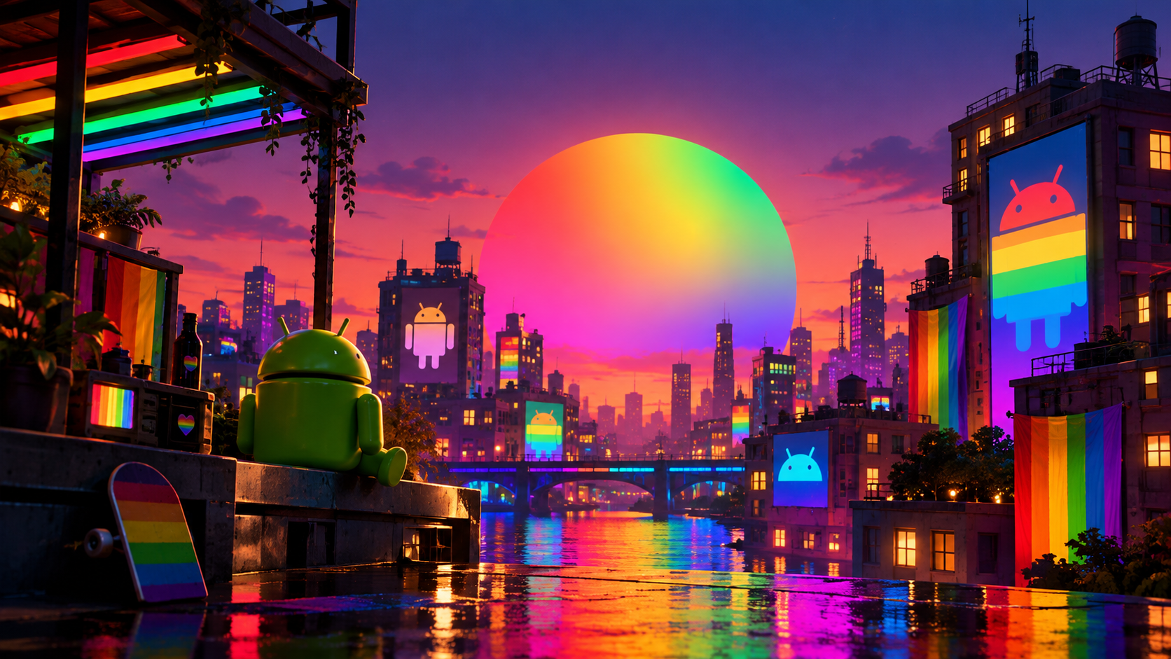 Android Pride Over Neon Cityscape