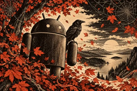 Android Raven Woodcut — Orange Web