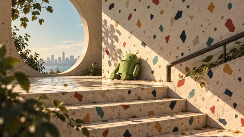 Android Robot in Sunlit Terrazzo Stairwell
