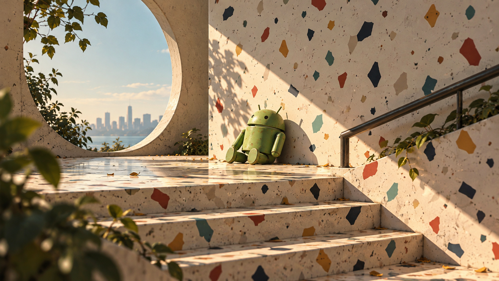 Android Robot in Sunlit Terrazzo Stairwell