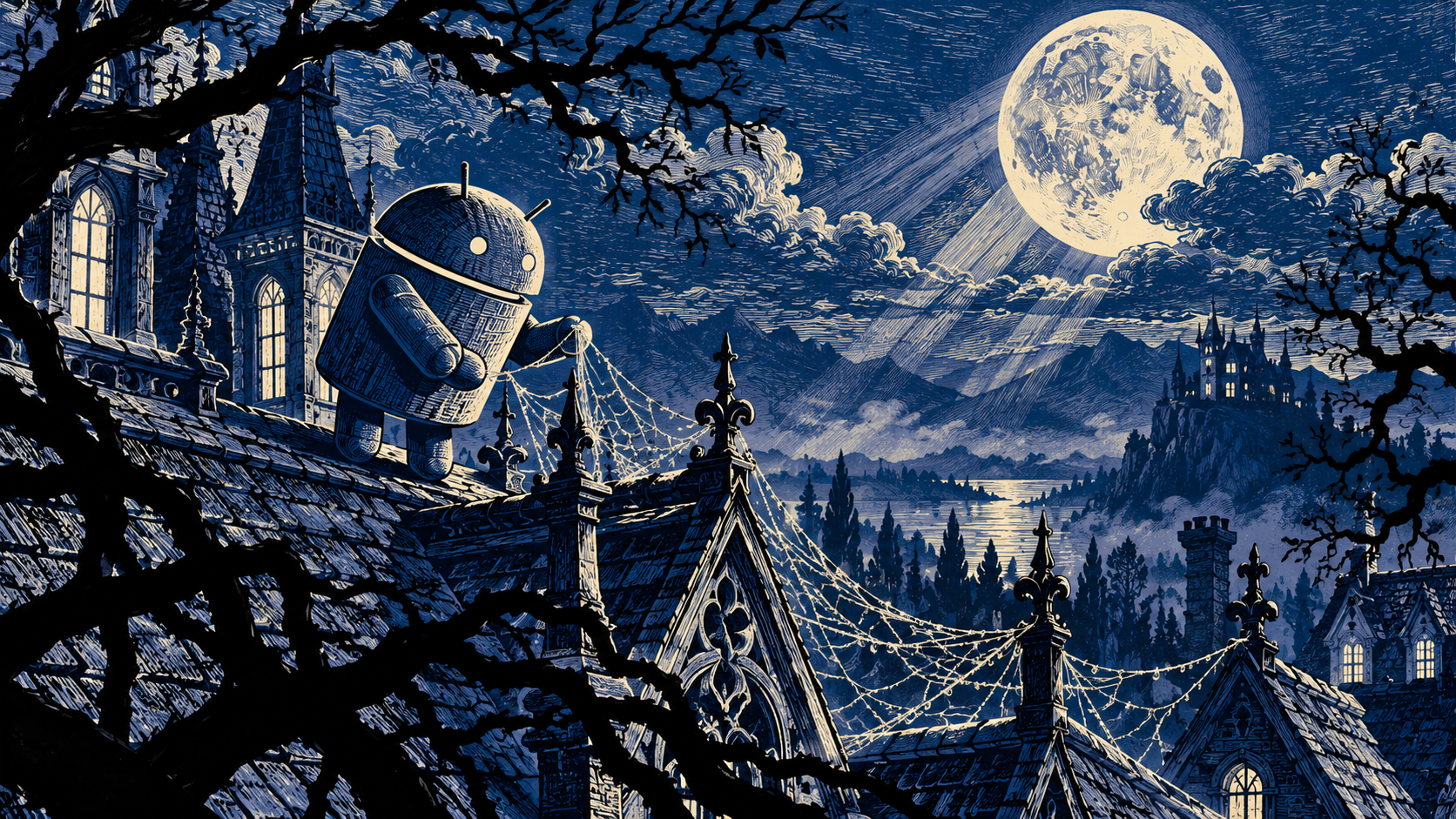 Android Rooftop Linocut — Moonbeam Web Manor