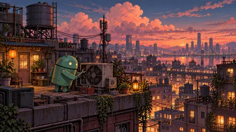 Android Rooftop Repair — Dusk Pixel City