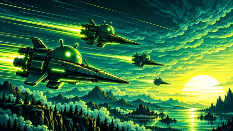 Android Squadron Over Neon Valleys