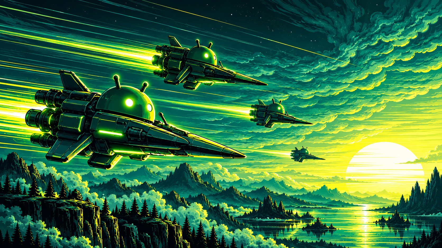 Android Squadron Over Neon Valleys