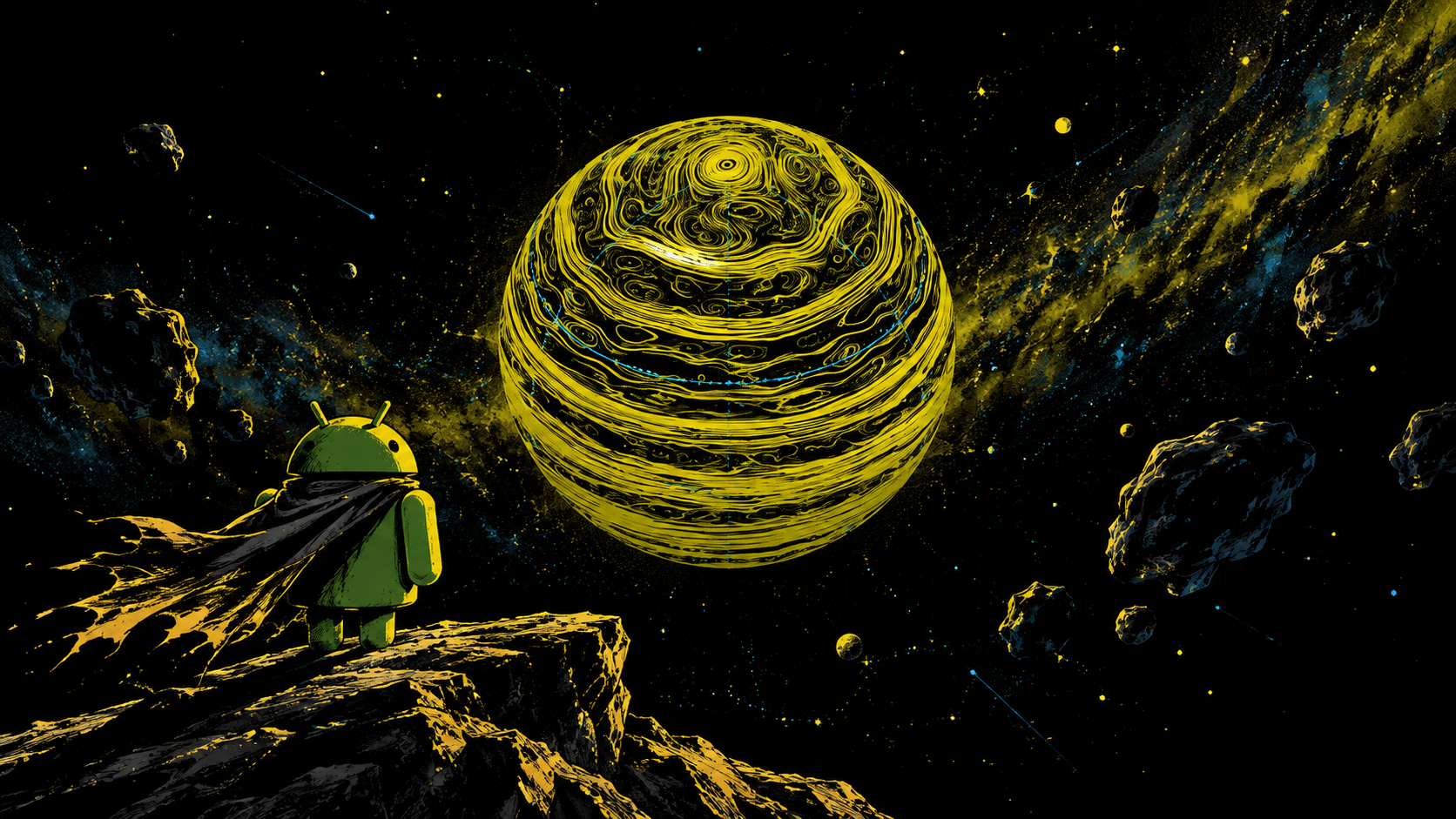 Android Under the Swirling Neon Planet