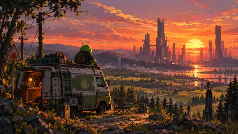 Android Wanderer Overlooking the Sunset City