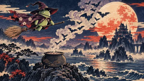 Android Woodblock Broomflight — Moonlit Cauldron