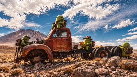 Androids Exploring a Rusted Desert Truck Wallpaper #1555