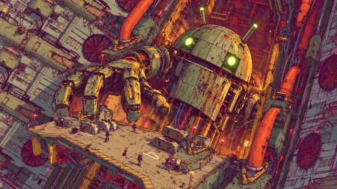 Colossal Android in the Industrial Hangar