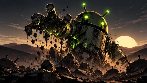 Colossal Android Rising from Ruins