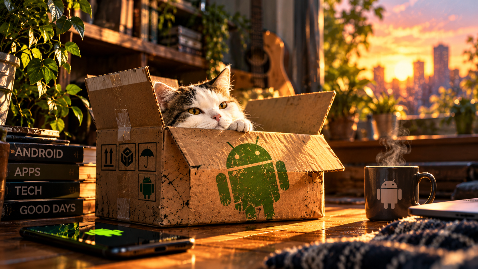 Cozy Android Cat at Sunset
