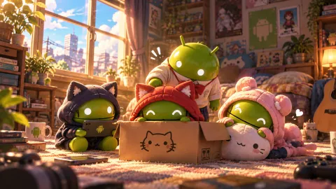 Cozy Android Mascots by the Window Wallpaper #1571