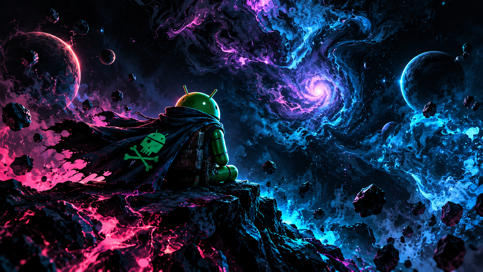 Droid Pirate Gazing Into Neon Cosmos