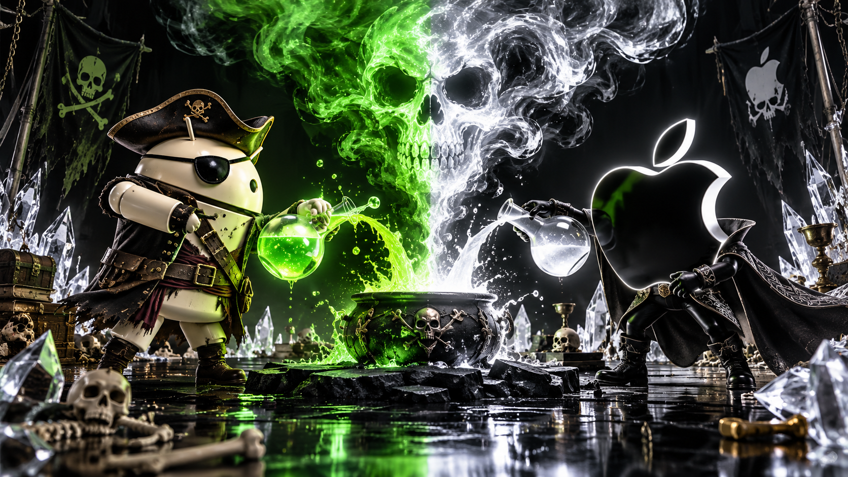 DroidPirate vs Apple Alchemy Showdown — Neon Bone Alchemy