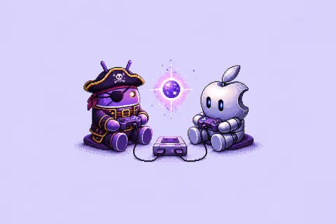 DroidPirate vs Apple Gaming Match — Purple Retro Console