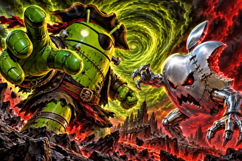 DroidPirate vs Apple Monster Showdown — Stitched Monster