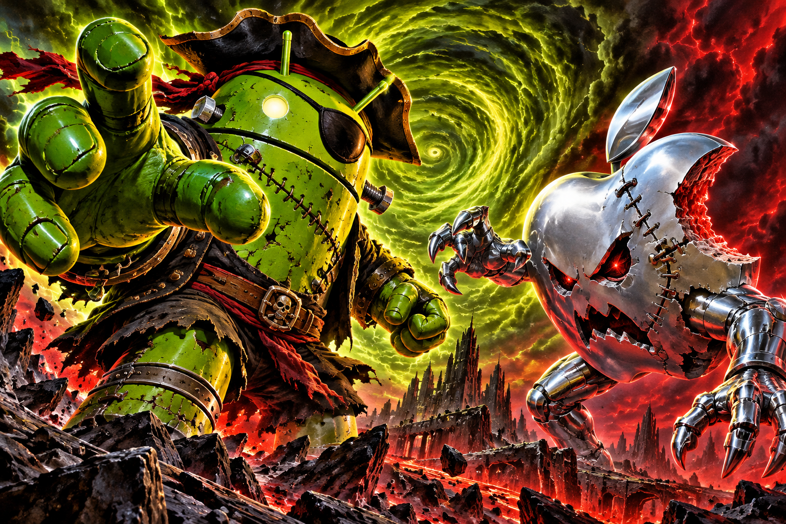 DroidPirate vs Apple Monster Showdown — Stitched Monster