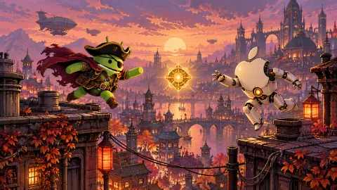 DroidPirate vs Apple Rooftop Race — Dusk Pixel City