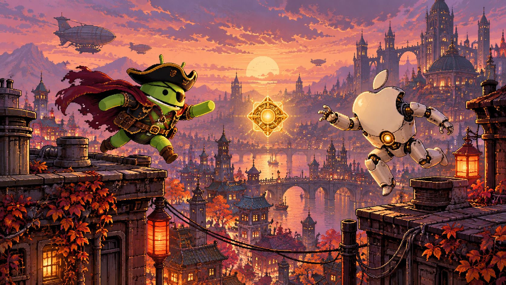 DroidPirate vs Apple Rooftop Race — Dusk Pixel City