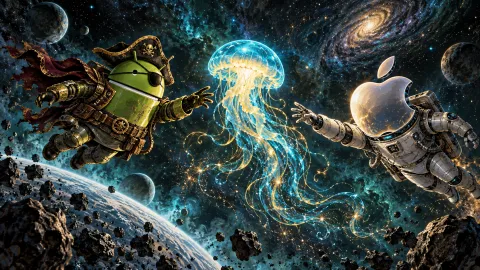 DroidPirate vs Apple Space Encounter — Cosmic Jellyfish