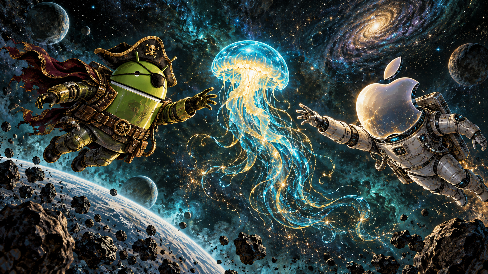 DroidPirate vs Apple Space Encounter — Cosmic Jellyfish