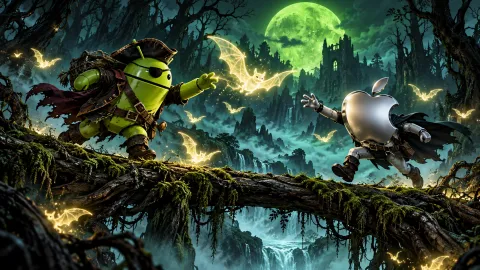 DroidPirate vs Apple Spirit Chase — Emerald Bat Forest Wallpaper #1325