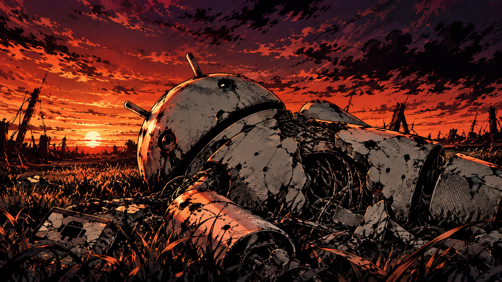 Fallen Android Beneath a Crimson Sunset