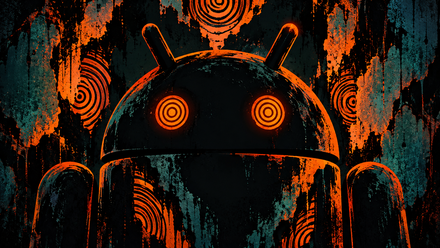Grunge Android Guardian with Hypnotic Orange Eyes