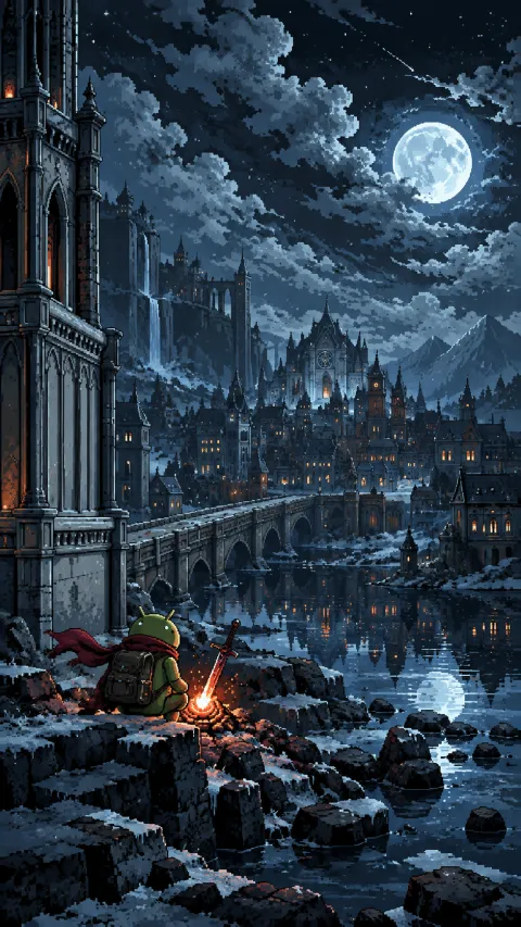 Moonlit Android Overlooking the Gothic City Wallpaper #1595