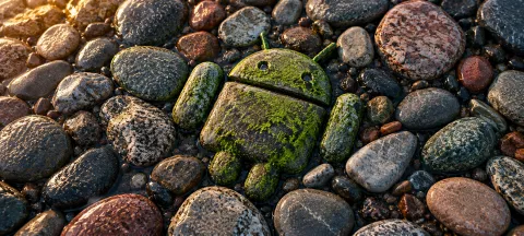 Mossy Android Among Wet Pebbles