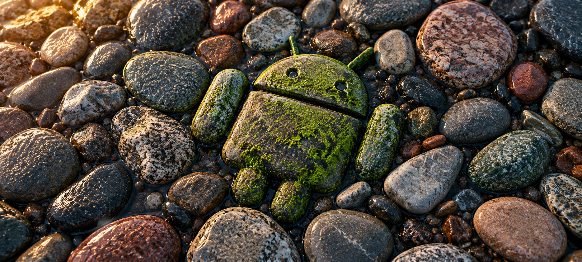 Mossy Android Among Wet Pebbles