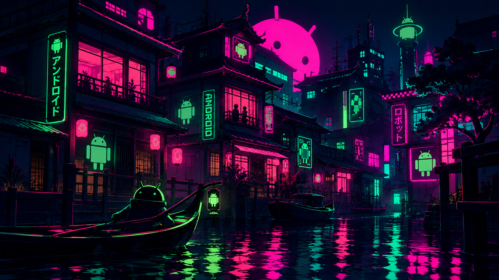 Neon Android Canal Cityscape