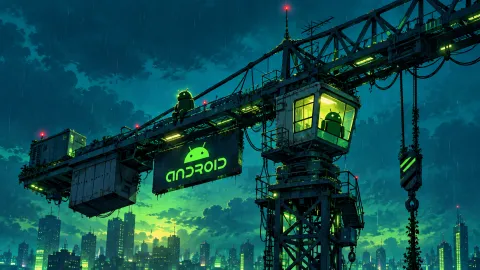 Neon Android Crane Over Rainy City
