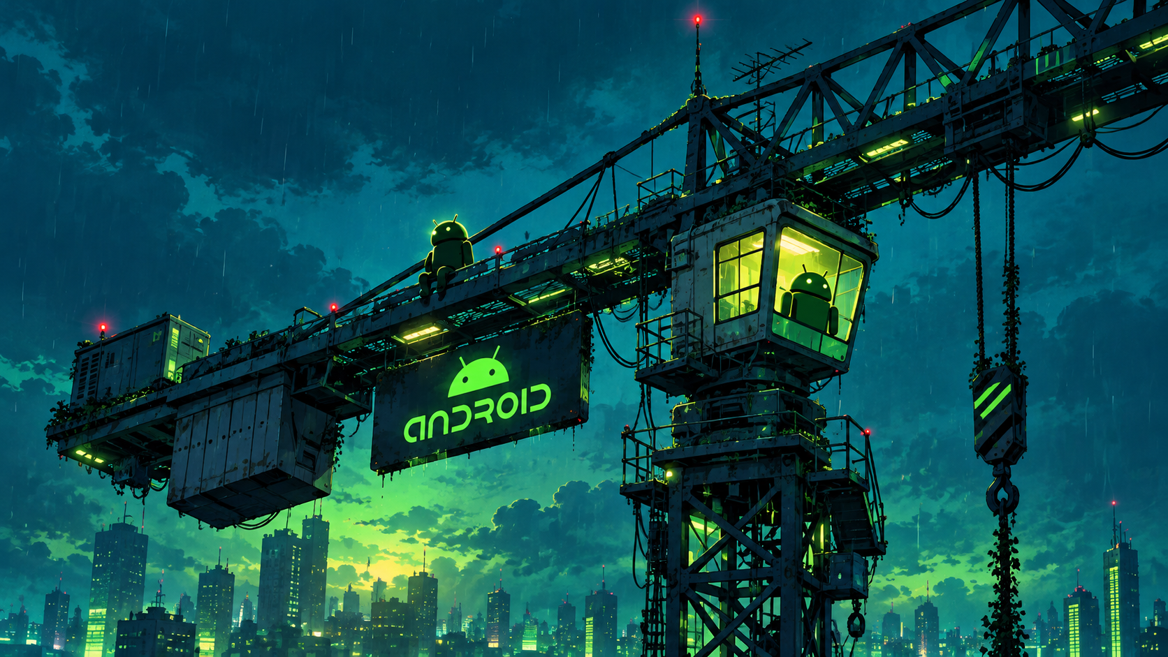 Neon Android Crane Over Rainy City
