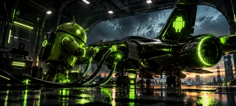 Neon Android in the Rainy Hangar