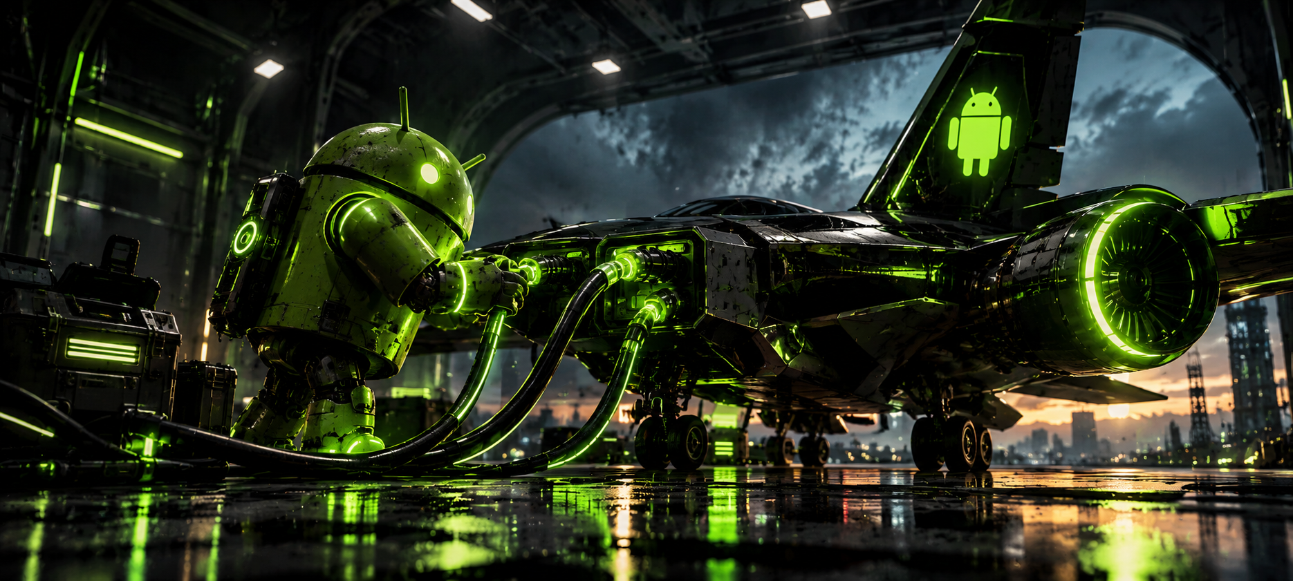 Neon Android in the Rainy Hangar