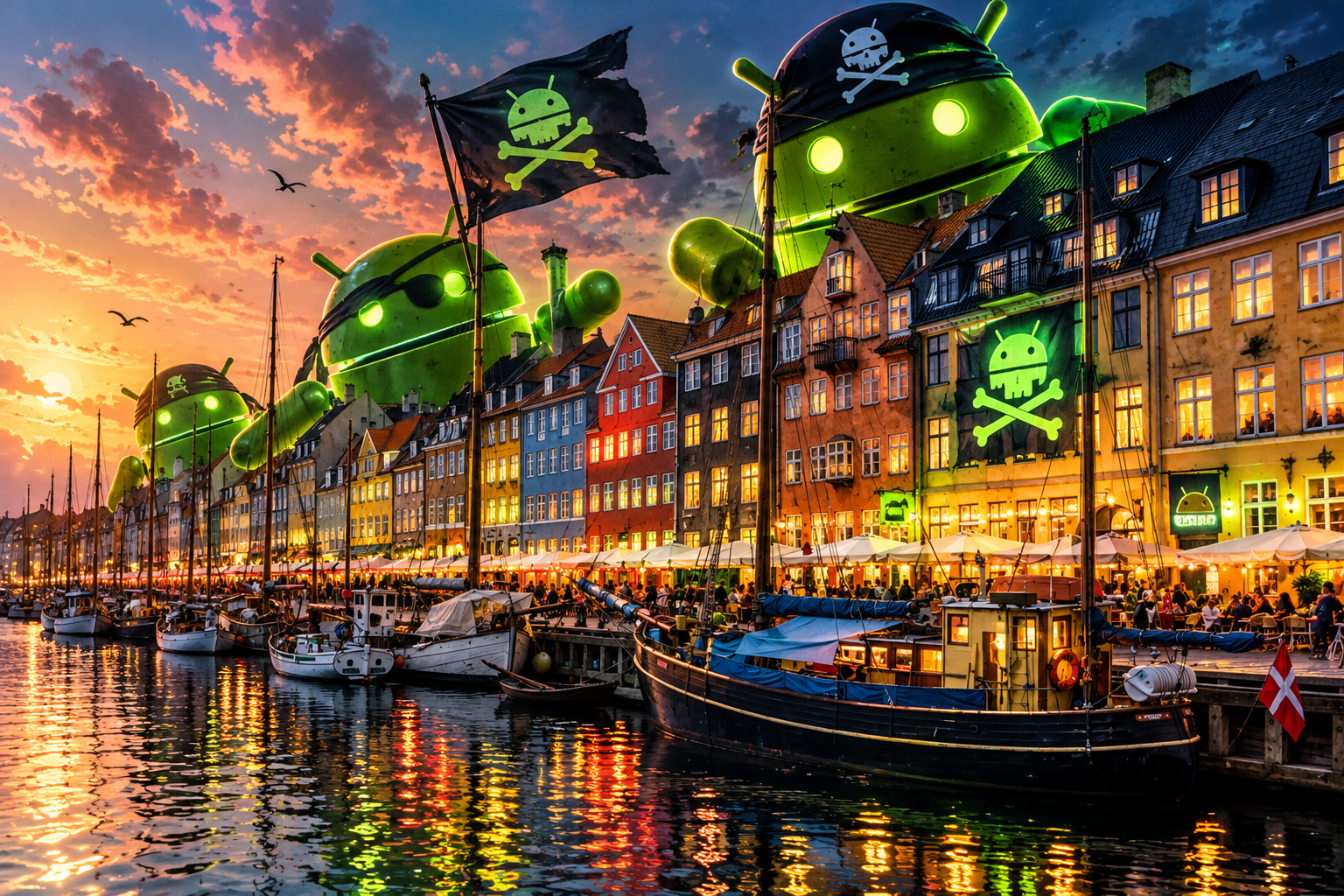 Neon Android Pirates Over the Harbor