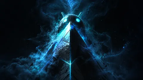 Neon Android Pyramid in Cosmic Mist