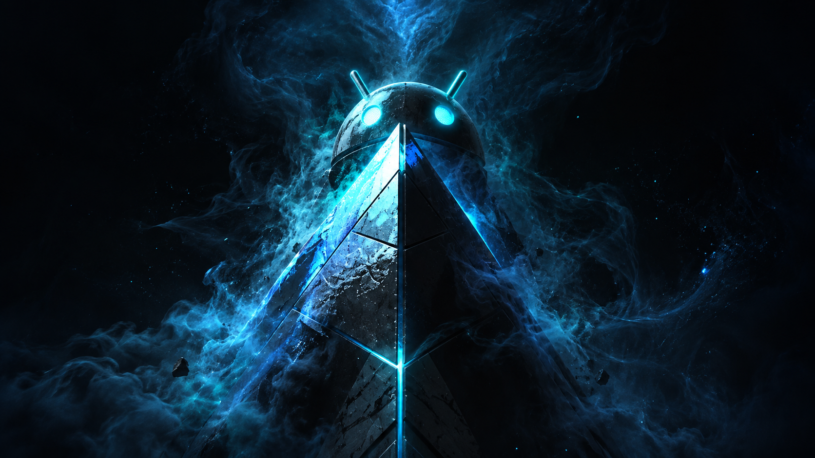Neon Android Pyramid in Cosmic Mist