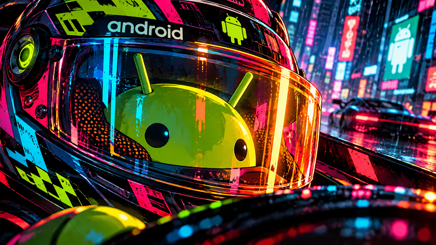 Neon Android Racer in the Rain
