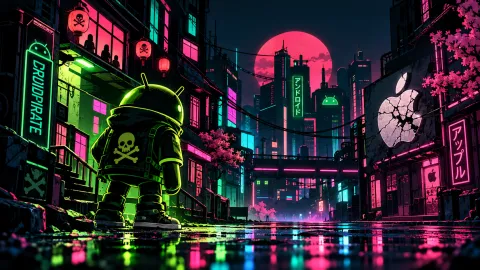 Neon Android Versus Apple Cityscape