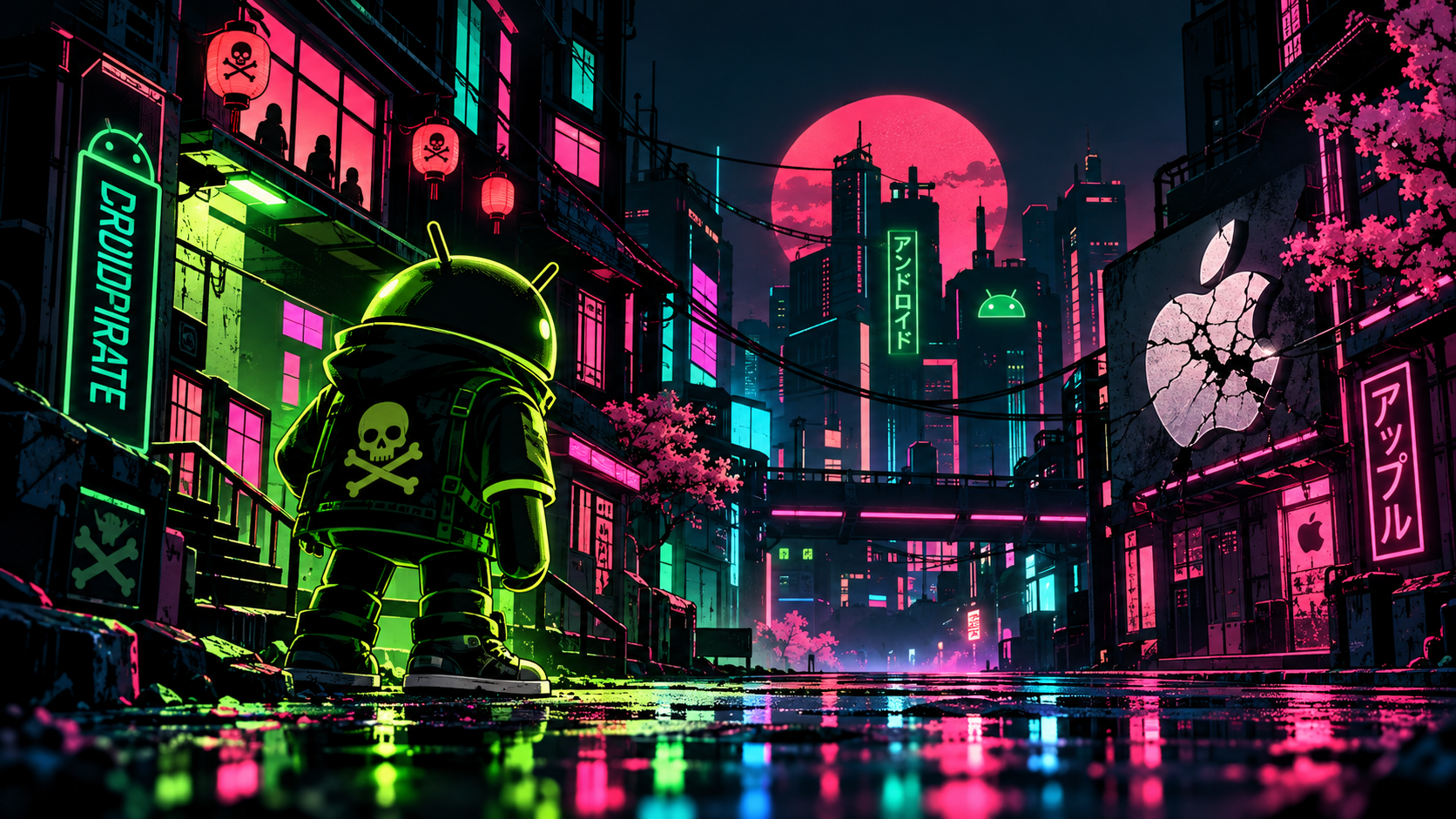 Neon Android Versus Apple Cityscape