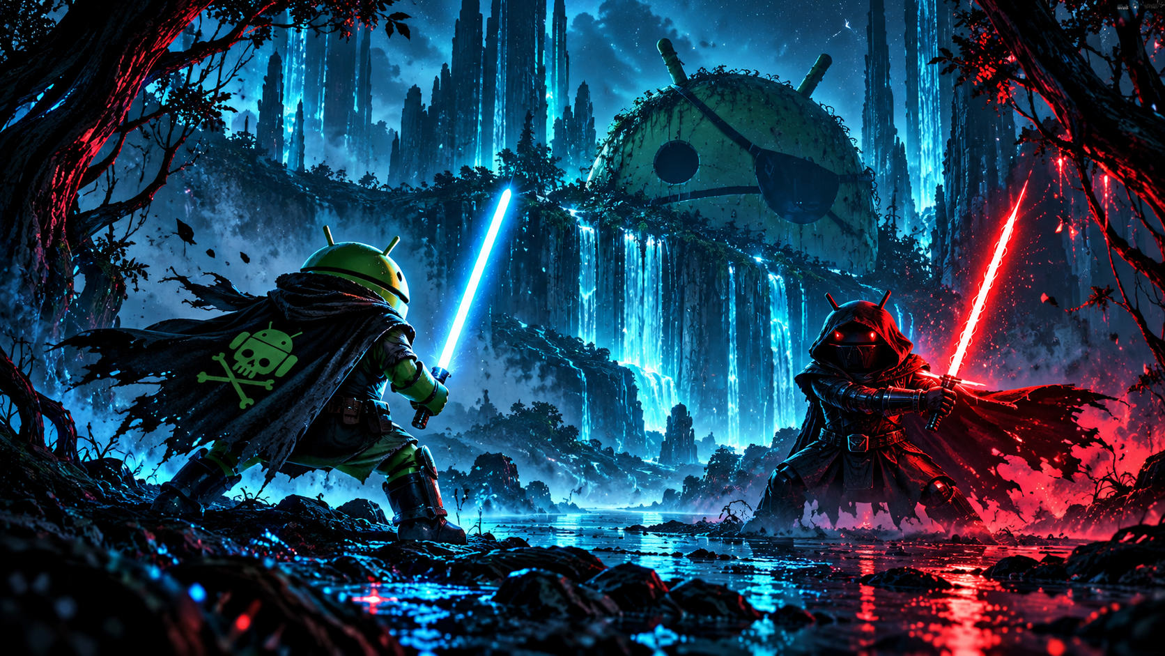 Neon Androids Clash in Ruined Forest