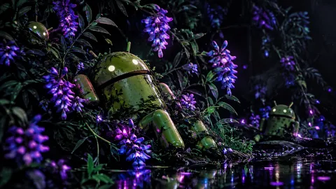 Neon Androids in a Bioluminescent Forest Wallpaper #1605