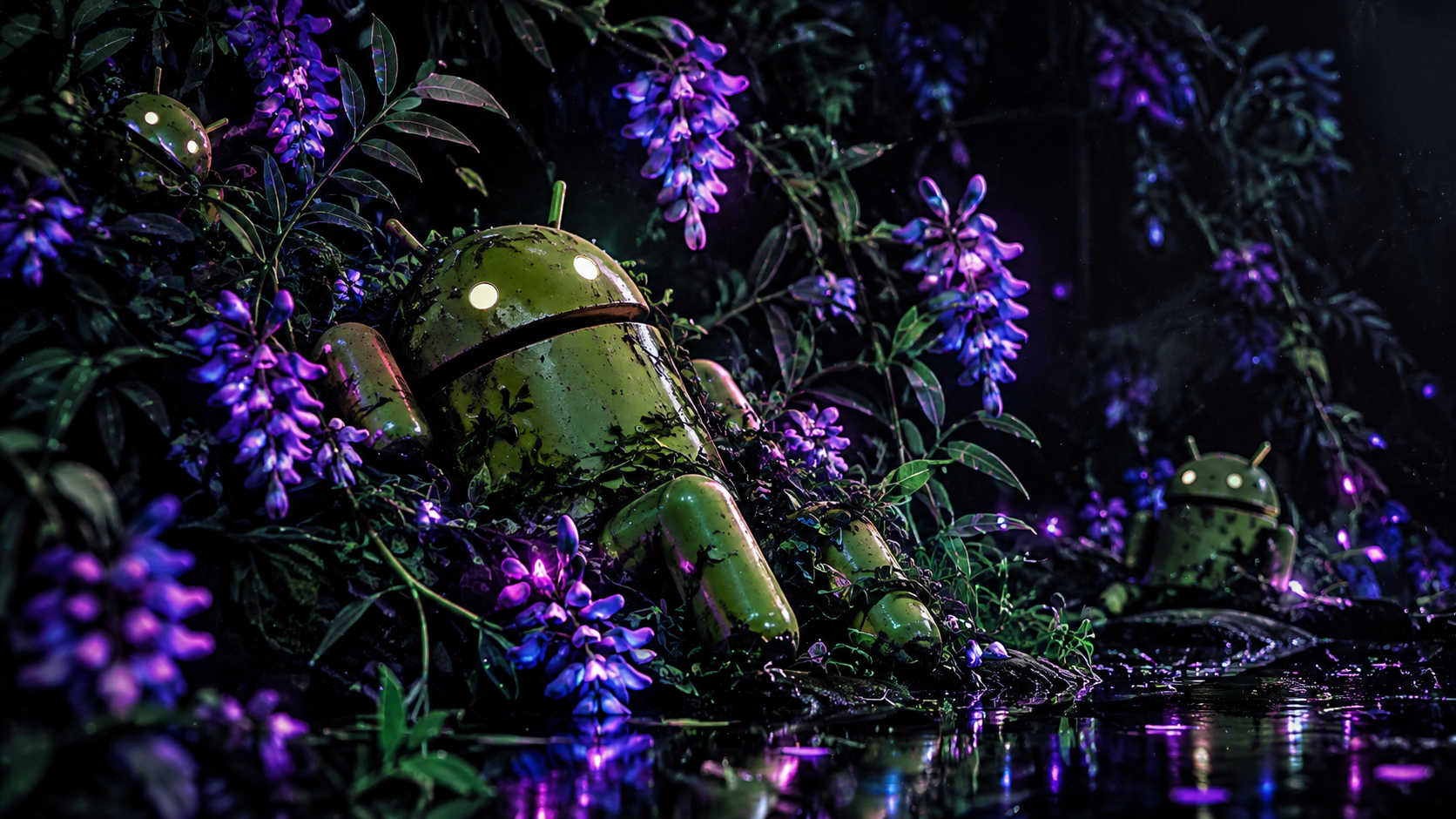 Neon Androids in a Bioluminescent Forest