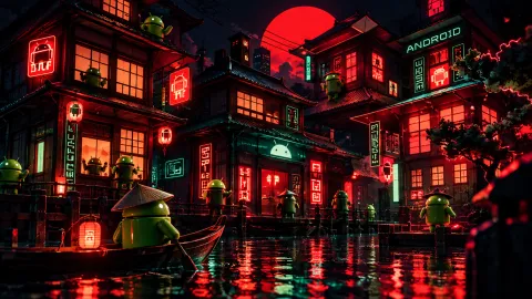 Neon Androids in a Rainy Canal City