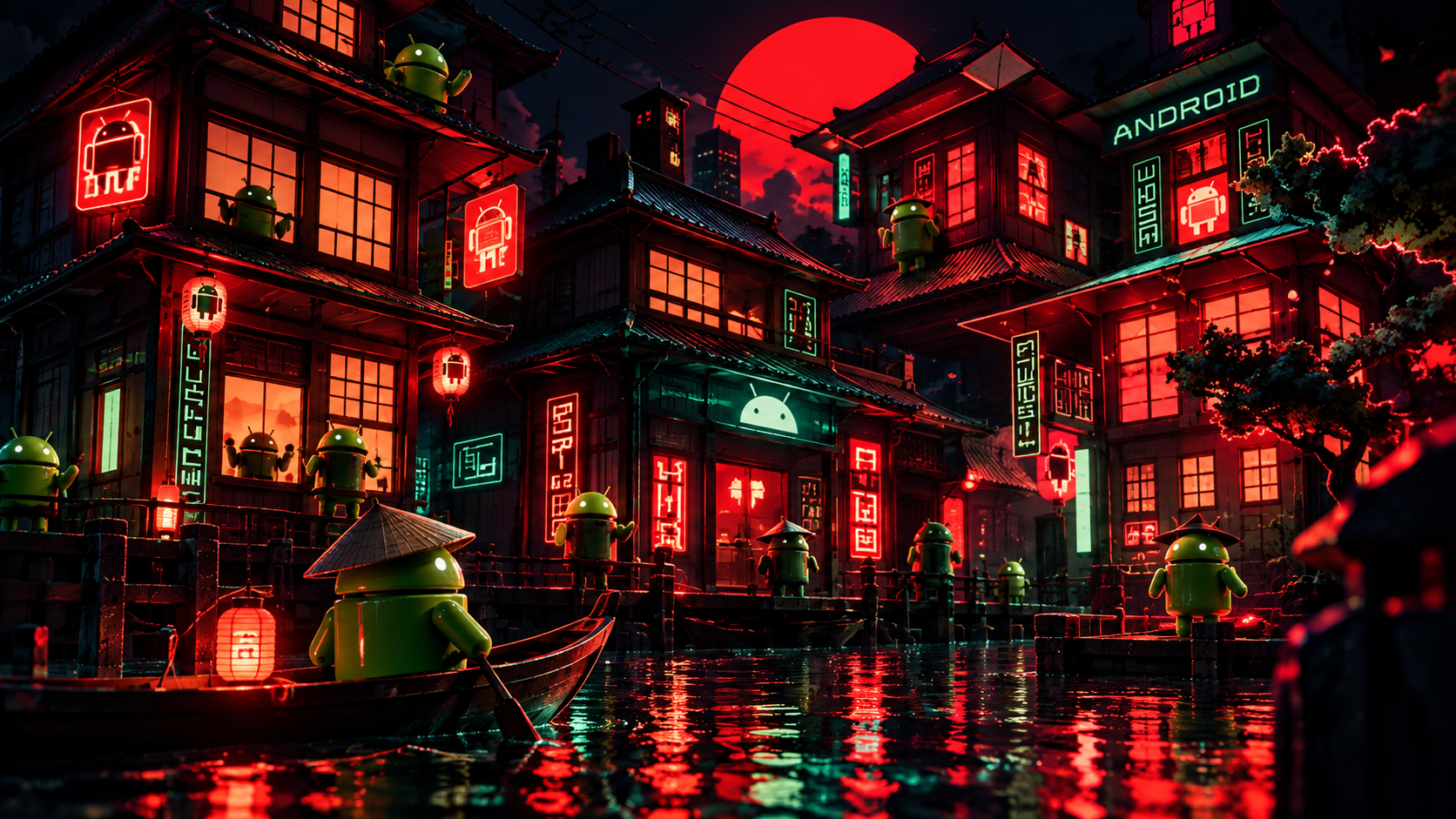 Neon Androids in a Rainy Canal City