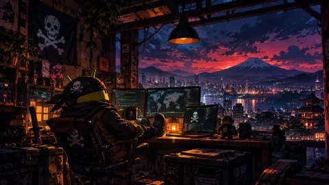 Neon Pirate Hacker’s Rooftop Hideout Wallpaper #1609